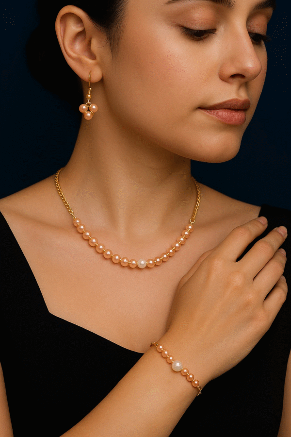 shiny goldish beaded set with pearl accents