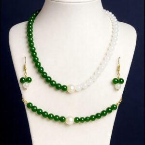 two tone green and white beaded set with pearl accents