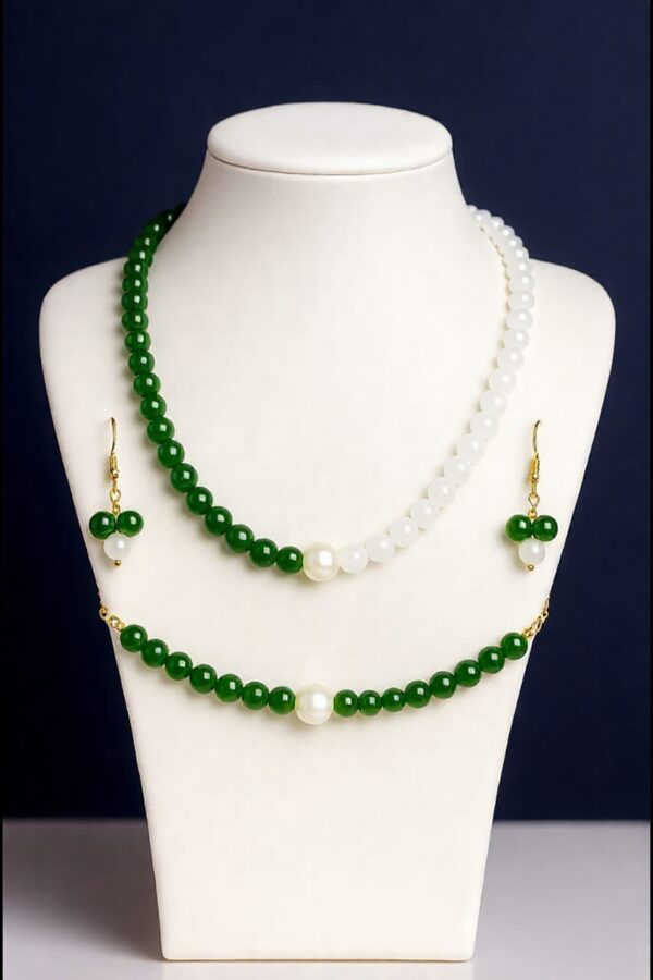 two tone green and white beaded set with pearl accents