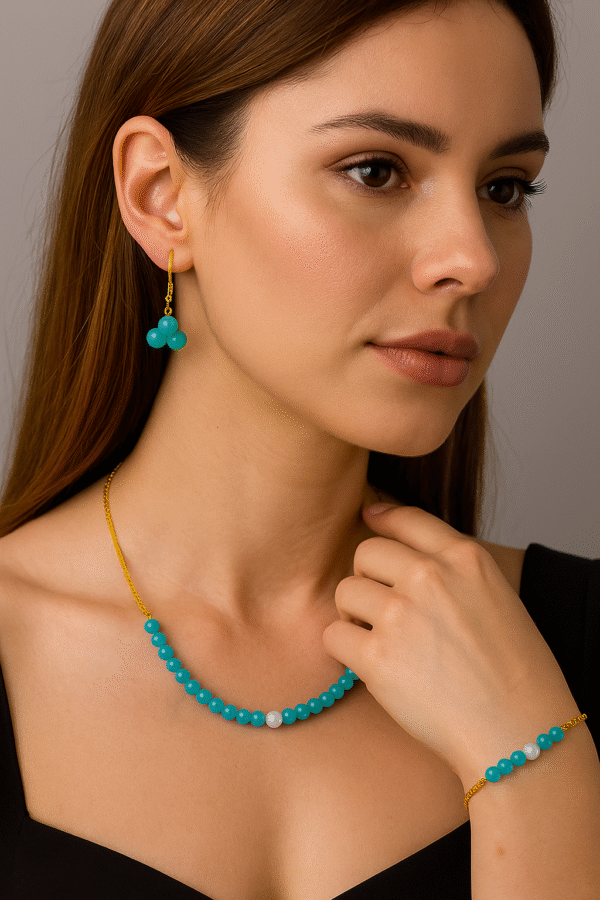 aqua blue beaded set with pearl accents