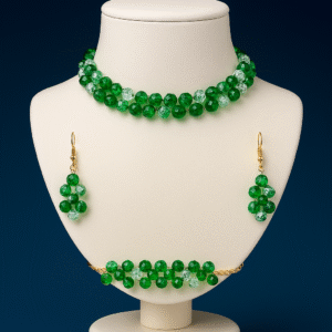 diamond style green and white beaded pearl jewelry set