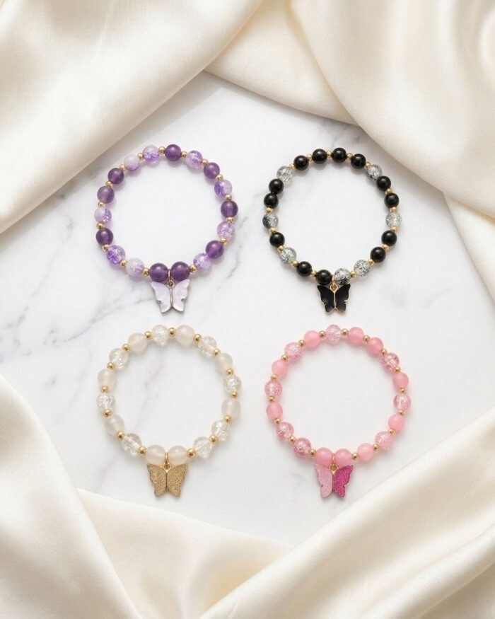 Multicolor | Butterfly Charm Crystal Bracelet Set (Pack of 4) | Aleeva Fas