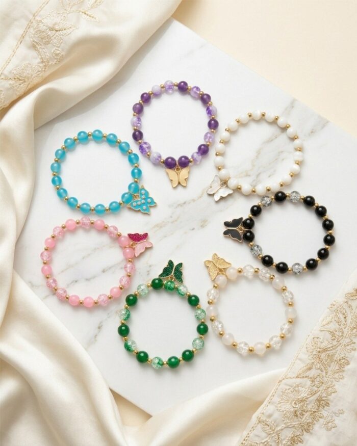 Multicolor | Butterfly Charm Beaded Bracelet Set (Pack of 7) | Aleeva Fashions