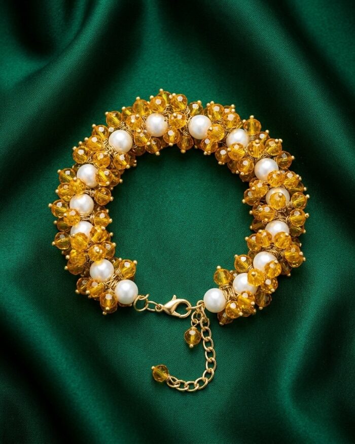 Golden Yellow & Pearl White | Crystal Gajra | Aleeva Fashions