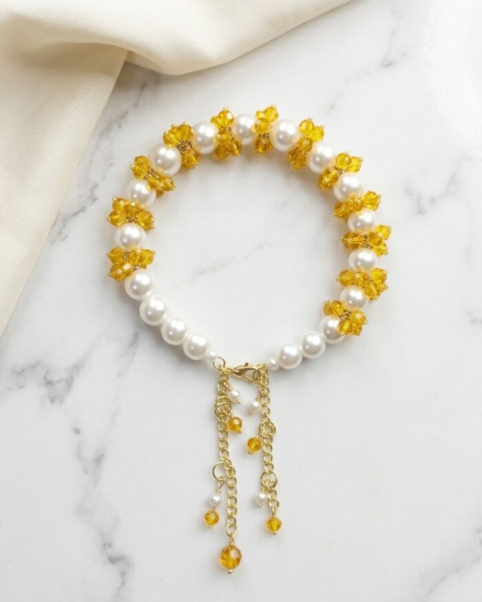Yellow & Pearl White | Gajra Bracelet | Aleeva Fashions