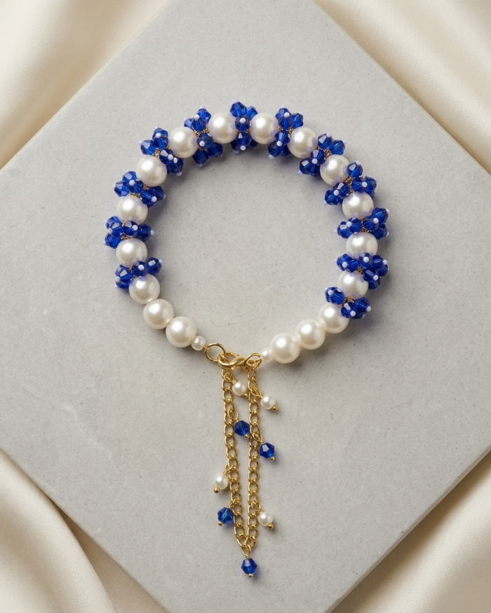 Royal Blue & Pearl White | Gajra Bracelets | Aleeva Fashions