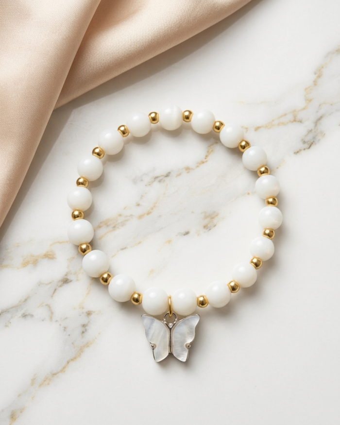 Pearl White & Gold | Butterfly Charm Bracelet | Aleeva Fashions