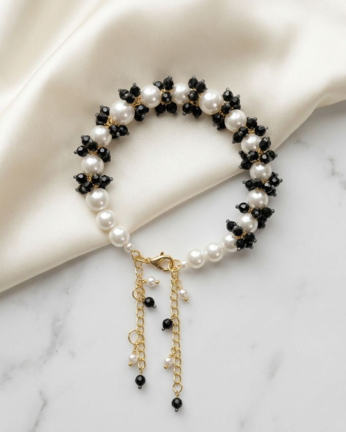 Black & Pearl White | Gajra Bracelet | Aleeva Fashions